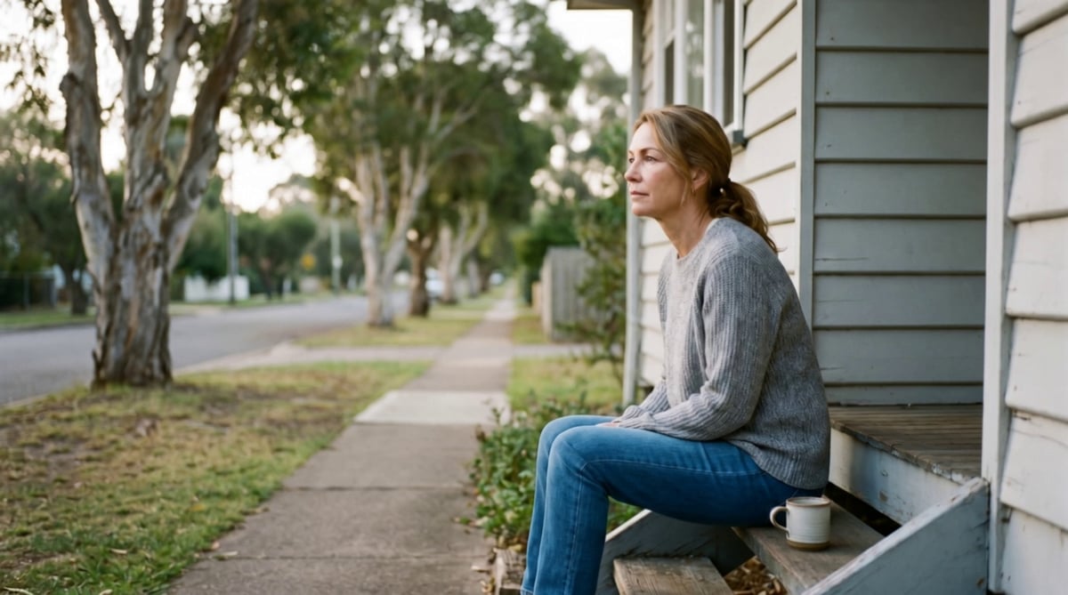 A woman sitting outside her home