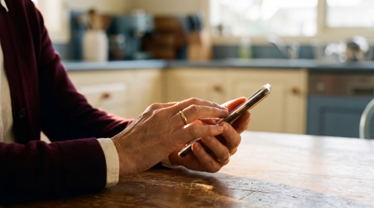 Hands holding a phone at a kitchen table