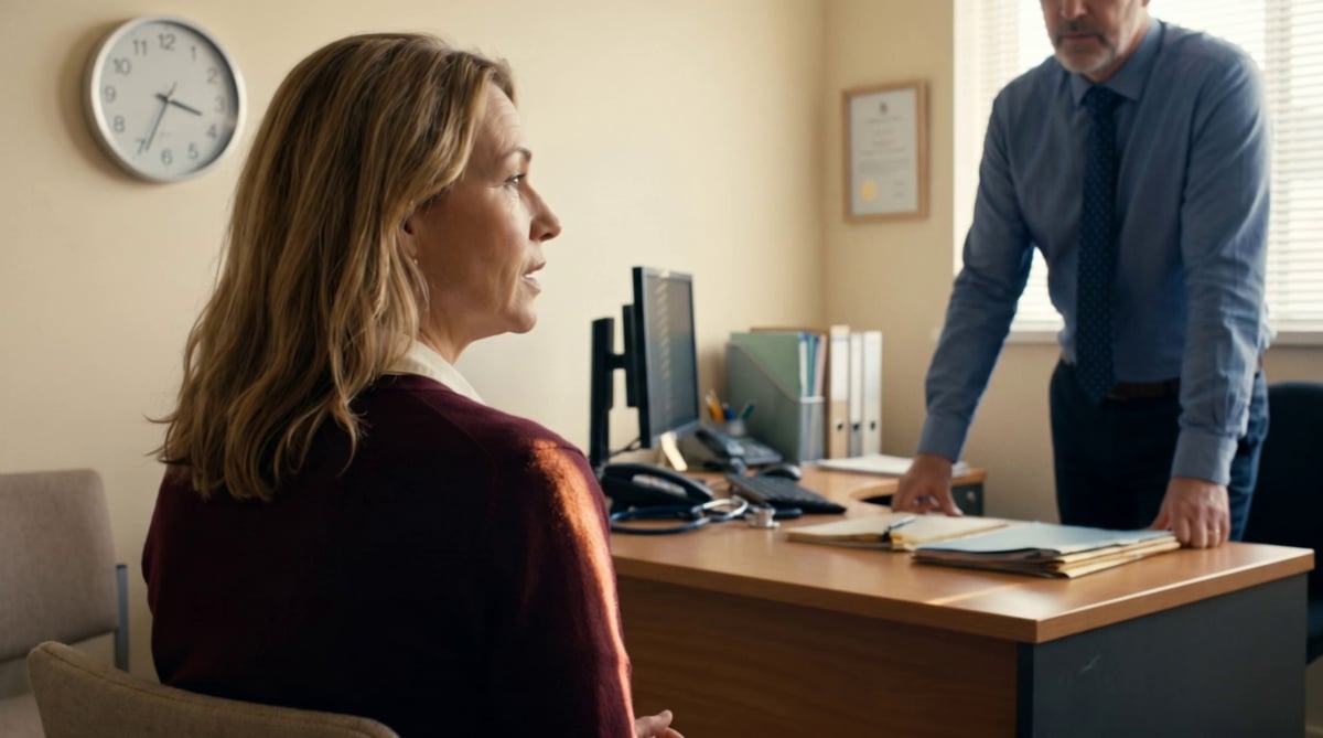 A woman at her desk at work while a colleague stands nearby