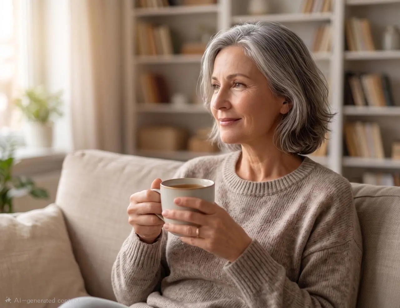 Woman at home, calm and relatable