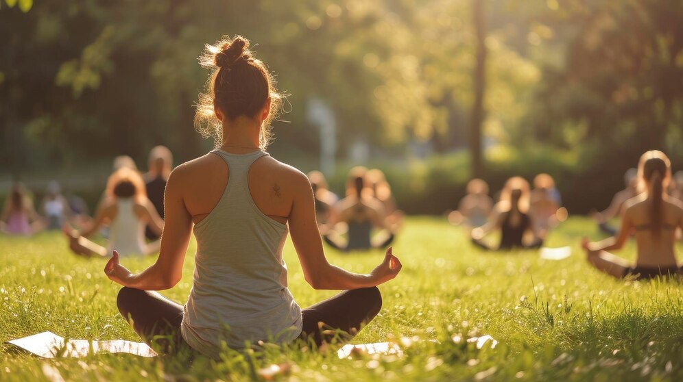 Australian Menopause Centre summerdays yoga workshop where a group of people are doing yoga on a grass